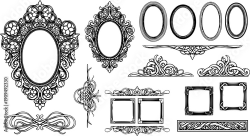 Black vintage frames. Hand drawn silhouettes of decorative square and round borders set for quotes. Elegant retro mirror and picture frameworks collection. Vector wall baroque decor