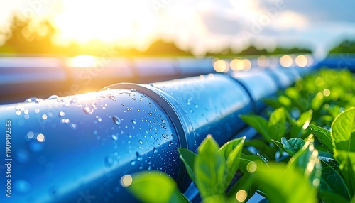 Water Pipes and Verdant Life: Close-up of blue water pipes in harmony with flourishing green plants under the sun, demonstrating water management.