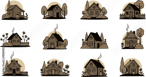 minimalist  house illustrations set six residential facades vector icons for architecture projects