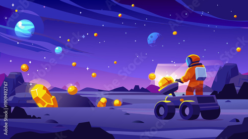 Astronaut explores a vibrant alien planet with planets in the sky