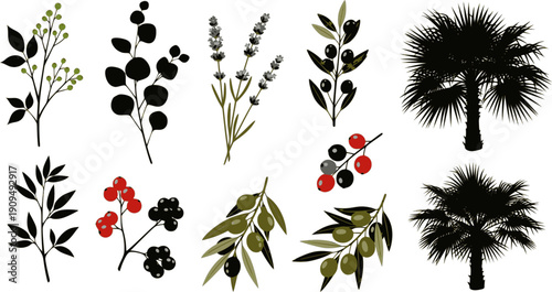 Black autumn leaves. Decorative fall elements isolated on white background. Vector illustration foliage silhouettes for greeting vintage cards and posters