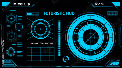Futuristic heads up display with a circular target and digital interface elements