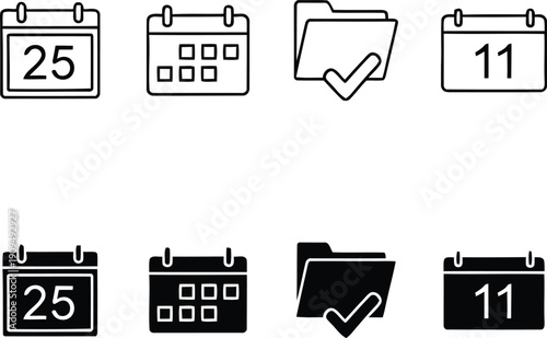 A collection of calendar icons in black and white for organization and planning
