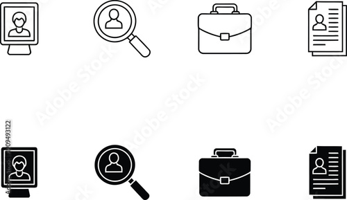 A set of black and white icons representing business and recruitment concepts