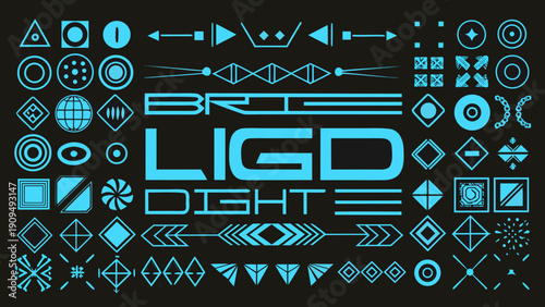 A collection of bright cyan geometric shapes and digital design elements