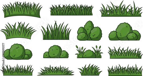 Green grass silhouette. Cartoon lines of plants and shrubs for boarding and framing, eco and organic logo element. Vector set spring field planting shapes lawn or borders garden on white background 
