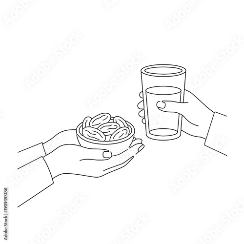Hand drawn line art of sharing dates and water for iftar breaking fast
