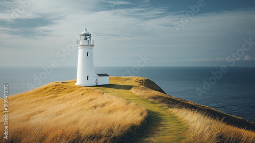 A scenic lighthouse perched on a coastal cliff, surrounded by golden grass and the deep blue ocean under a cloudy sky