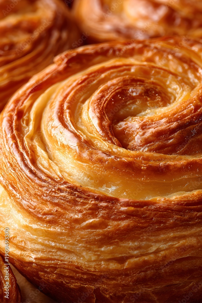 Fototapeta premium Extreme Close-up of Crispy Golden Brown Spiral Pastry Texture, Macro Detail of Freshly Baked Flaky Danish Bun for Bakery Design
