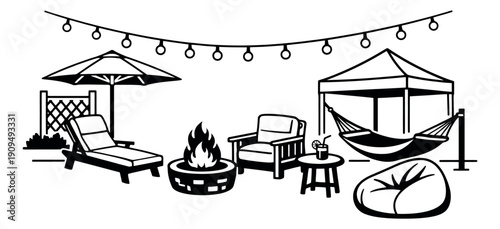 Line art outdoor living set featuring string lights, a lounge chair, a fire pit, and a hammock for backyard relaxation and entertainment