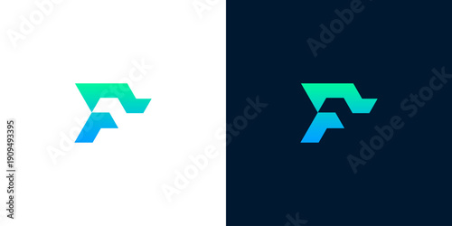 Vibrant F lettermark logo design featuring a blue and green gradient, symbolizing digital technology, innovative solutions, and a dynamic progressive corporate identity