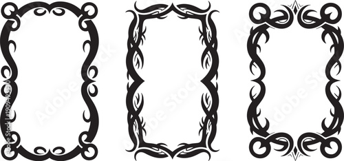 Three various stylized Gothic frame silhouettes collection, dark baroque vintage design element Neo tribal fantasy branches border for flat vector style.