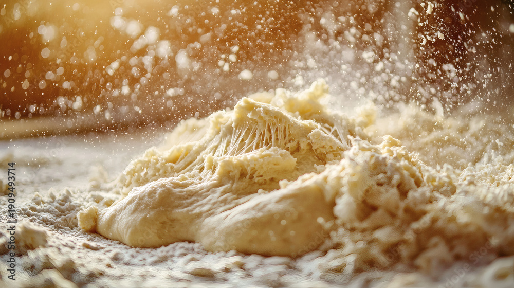 Obraz premium Close-Up of Dough with Flour Dust in Warm Light for Cooking Scenes