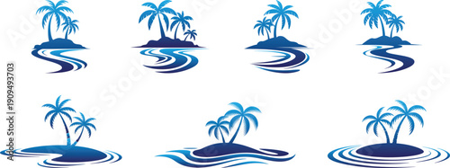 Various blue color tropical island with two palm trees clipart collection Include flowing waves around the island, modern and minimalist design flat vector format.