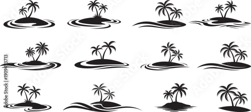 Various tropical island with two palm trees silhouettes collection Include smooth, flowing waves around the island, modern and minimalist design flat vector format.