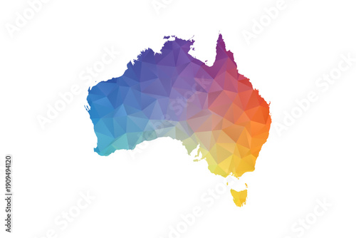 Australia Map - Polygon Style Vector Illustration in Rainbow Gradient, Low Poly Multicolor Geometric Design, Isolated on White Background, Suitable for Reports, and Creative Projects.