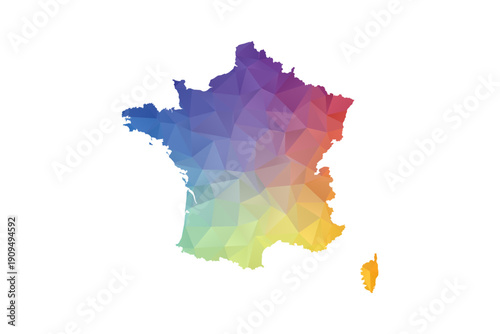 France Map - Polygon Style Vector Illustration in Rainbow Gradient, Low Poly Multicolor Geometric Design, Isolated on White Background, Suitable for Reports, and Creative Projects.