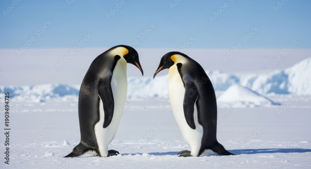 Obraz premium Two Emperor penguins standing on icy ground with blue sky background