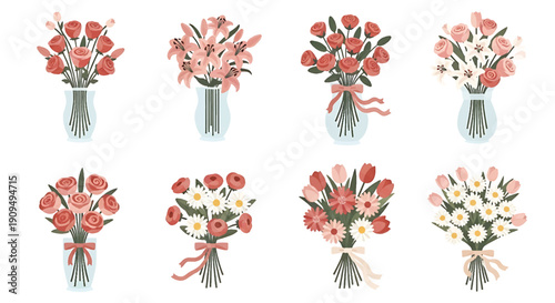 Elegant floral bouquets in vases and bunches set. Minimalist vector illustration of rose and lily arrangements. Aesthetic botanical elements in soft pastel colors.