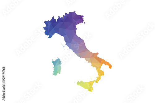Italy Map - Polygon Style Vector Illustration in Rainbow Gradient, Low Poly Multicolor Geometric Design, Isolated on White Background, Suitable for Reports, and Creative Projects.