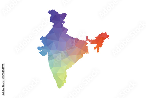 India Map - Polygon Style Vector Illustration in Rainbow Gradient, Low Poly Multicolor Geometric Design, Isolated on White Background, Suitable for Reports, and Creative Projects.