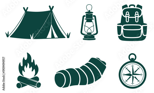 Various stylized  camping equipment silhouettes collection, Camping Tent, Lantern, Backpack, Campfire, Sleeping Bag, Compass, simple geometric forms for scalable graphic applications, flat vector form