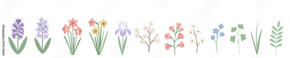 Obraz premium Collection of delicate spring flowers and green foliage in a charming flat illustration style