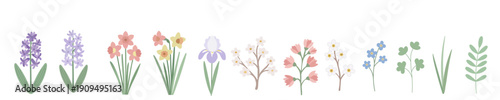 Collection of delicate spring flowers and green foliage in a charming flat illustration style