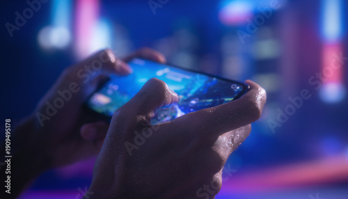 Close-up of person's hands playing a video game on a mobile device with colorful bokeh lights in background