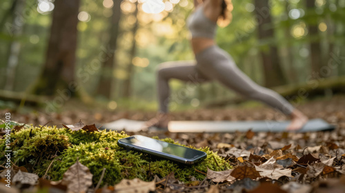Smartphone on moss in forest digital detox yoga session outdoor calm woman stretching balance
