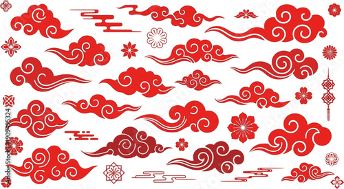 Chinese style clouds. Traditional korean clouds. Flat chinese or japanese red cloud silhouettes, decorative asian festival elements, oriental graphic decent vector set 