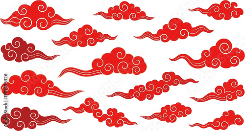 Chinese style clouds. Traditional korean clouds. Flat chinese or japanese red cloud silhouettes, decorative asian festival elements, oriental graphic decent vector set 