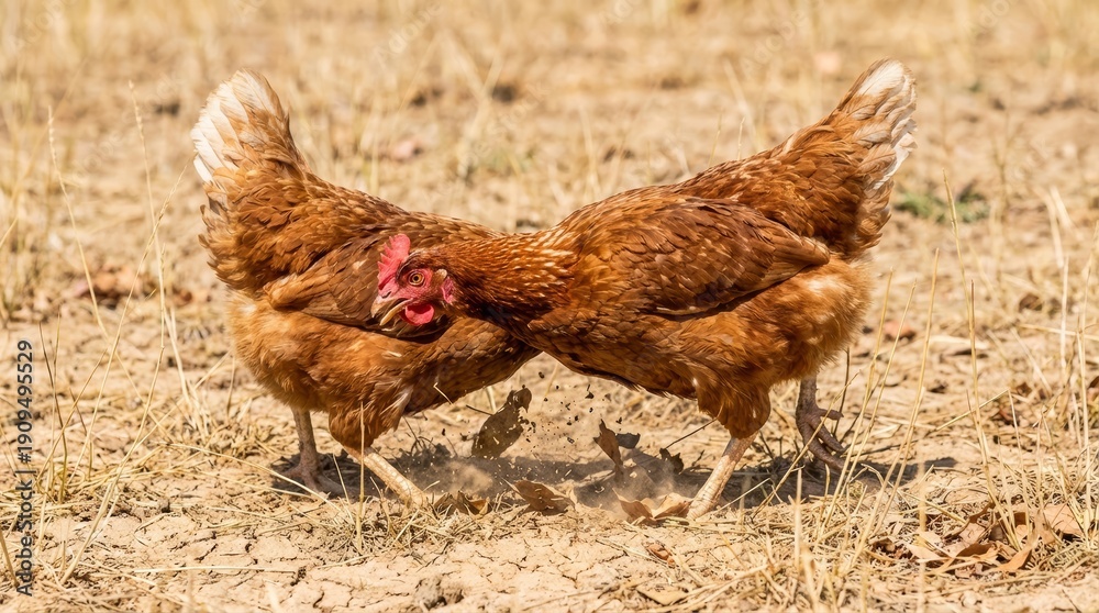 Fototapeta premium Two Brown Hens Fighting in Dry Grass Pasture
