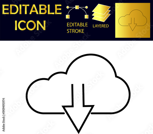 Cloud Download Icon – Editable Stroke Line Vector for Online Storage and App UI