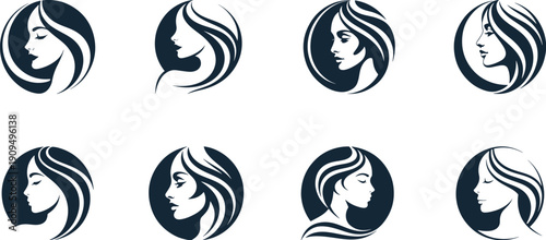 Various stylized female logo side profile with flowing hair, Luxury minimalist logo style  No text, no watermark, for logo vector format.