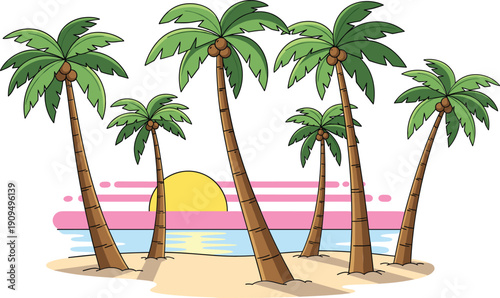 Tropical beach palm trees at sunset vector illustration summer island landscape design
