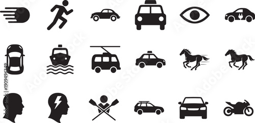 Transport icons set with car, bus, train and airplane symbols for mobility and logistics design.