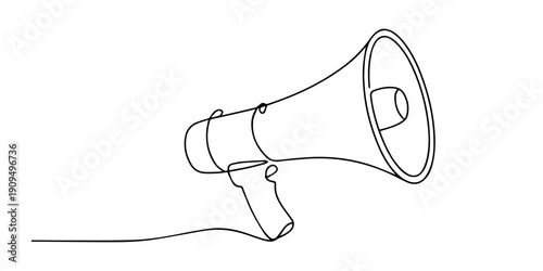 Continuous one line art drawing of megaphone speaker for news and promotion. Isolated on white background  vector illustration, Continuous line drawing representing a megaphone for announcing or pro.
