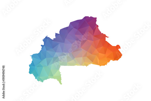 Burkina Faso Map - Polygon Style Vector Illustration in Rainbow Gradient, Low Poly Multicolor Geometric Design, Isolated on White Background, Suitable for Reports, and Creative Projects.