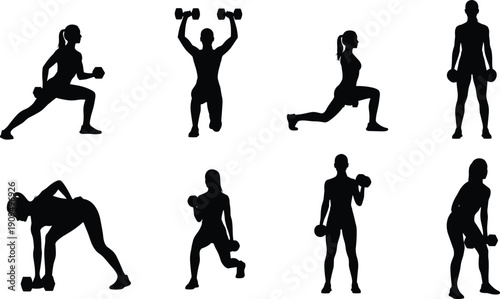 Fitness Woman Silhouette Collection Performing Dumbbell Workout Exercises Isolated on White Background Vector Illustration for Strength Training and Healthy Lifestyle Design