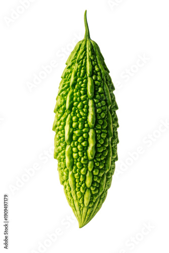 isolated photograph of a fresh, green bitter melon, showcasing its unique bumpy texture, perfect for healthy eating blogs and asian cuisine content.