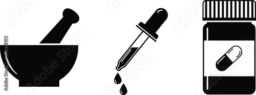 Mortar Pestle Dropper and Medicine Bottle Icon Set with Pharmacy Healthcare Symbols Collection