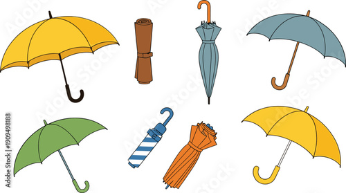 Umbrella collection open and folded vector illustration weather rain protection accessory design