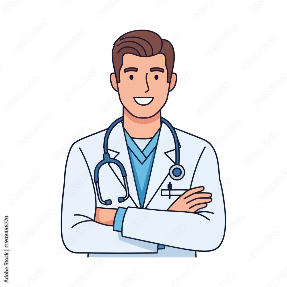 Fototapeta premium Smiling male doctor with stethoscope and crossed arms