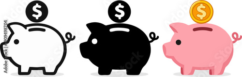 Piggy bank with dollar coin set, Piggy bank saving money icon in different style. Baby pig piggy bank. vector illustration