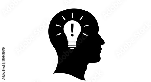 Silhouette of a human head with a lightbulb and exclamation mark inside.