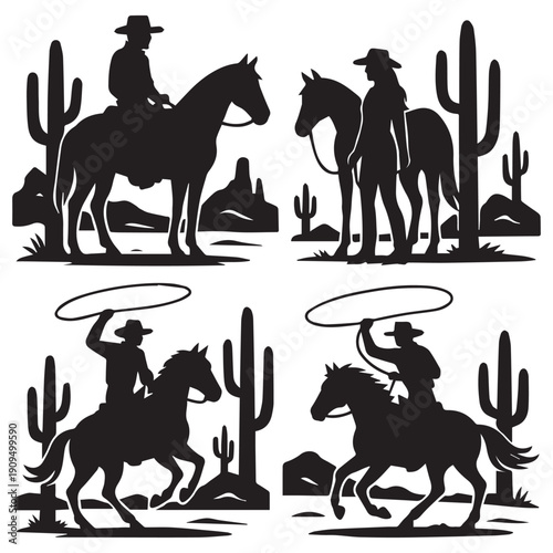 Wild West Cowboy and Cowgirl Silhouettes with Horses, Cactus, and Rodeo Riders for Western Desert Adventure Set