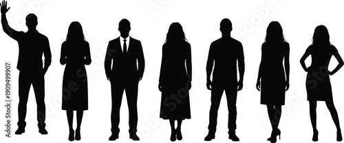 Black silhouettes of diverse professional people standing in a row isolated on white background for business team and community concept (2