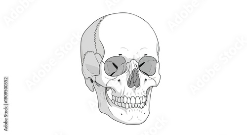 A grayscale illustration of a human skull with a neutral expression on a white background.