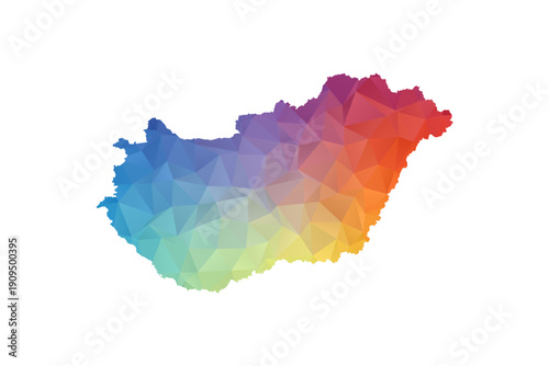 Hungary Map - Polygon Style Vector Illustration in Rainbow Gradient, Low Poly Multicolor Geometric Design, Isolated on White Background, Suitable for Reports, and Creative Projects.
